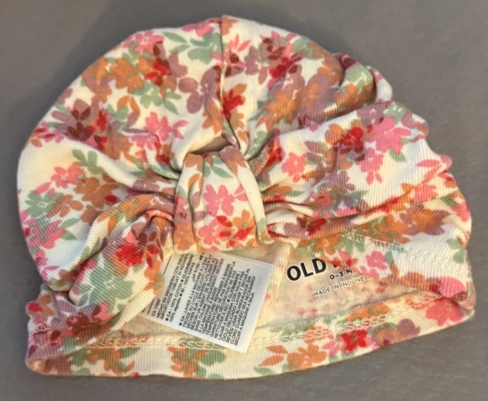 Old Navy Baby Pink Orange Floral Beanie Turban with Knot Front, size 0-3 Months